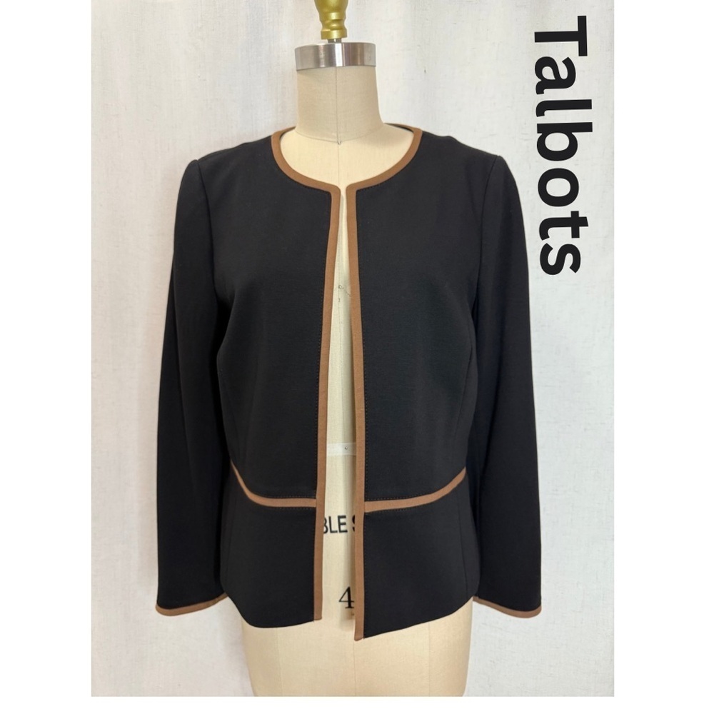 NWT Talbots Black Open Front Blazer Jacket Brown Trim Petite 10P Clasic Workwear - Picture 1 of 6